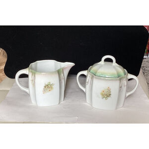 Vintage Antique Creamer & Sugar Set 20th Century Germany Light Green Pink Floral